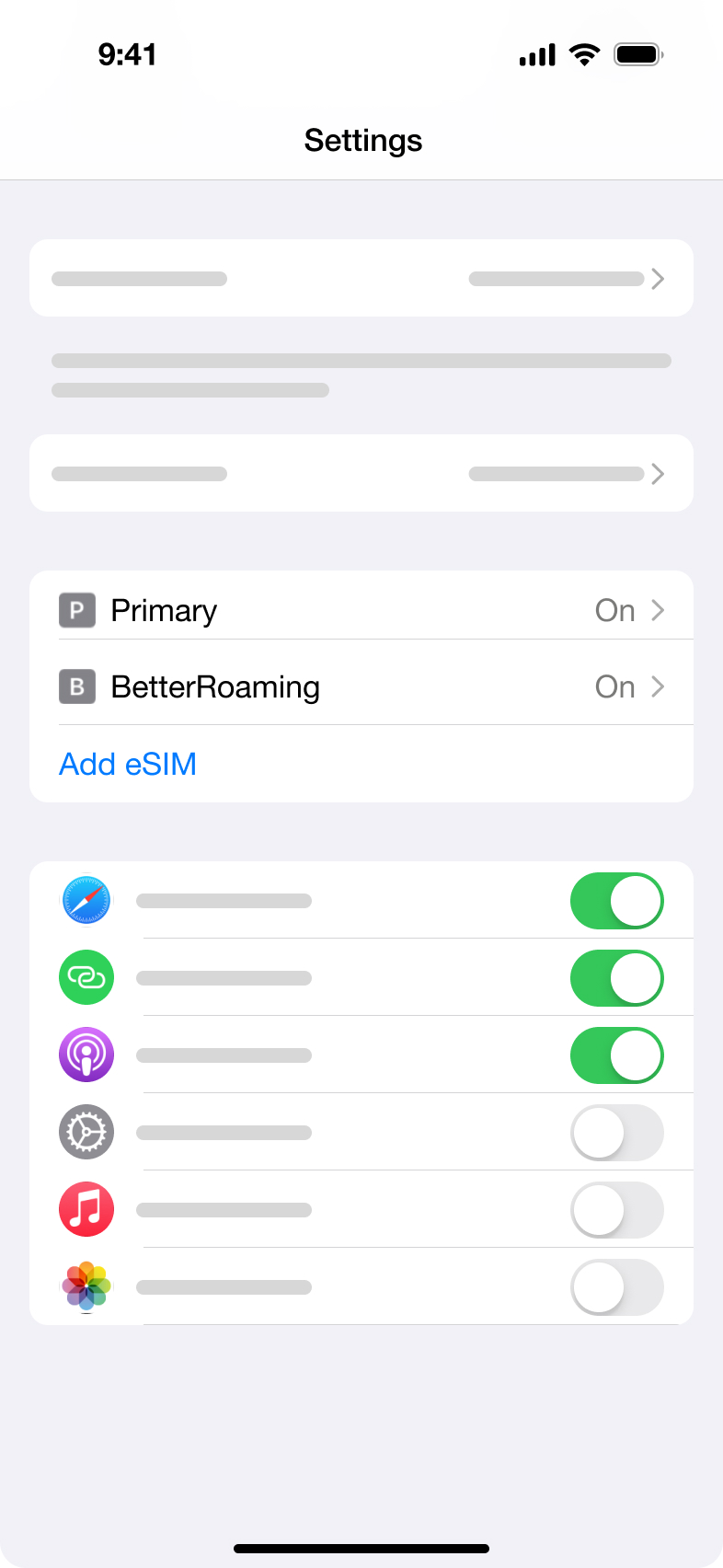 Make sure the BetterRoaming eSIM is turned on